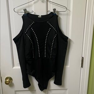 Black Studded Bodysuit Snap Bottom Club Dance Outfit